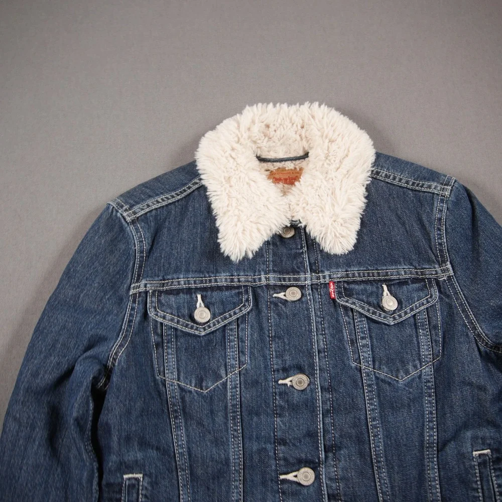 Levi's Sherpa Collar Lined Trucker Dark Denim Women Jacket S Western Y2K Retro